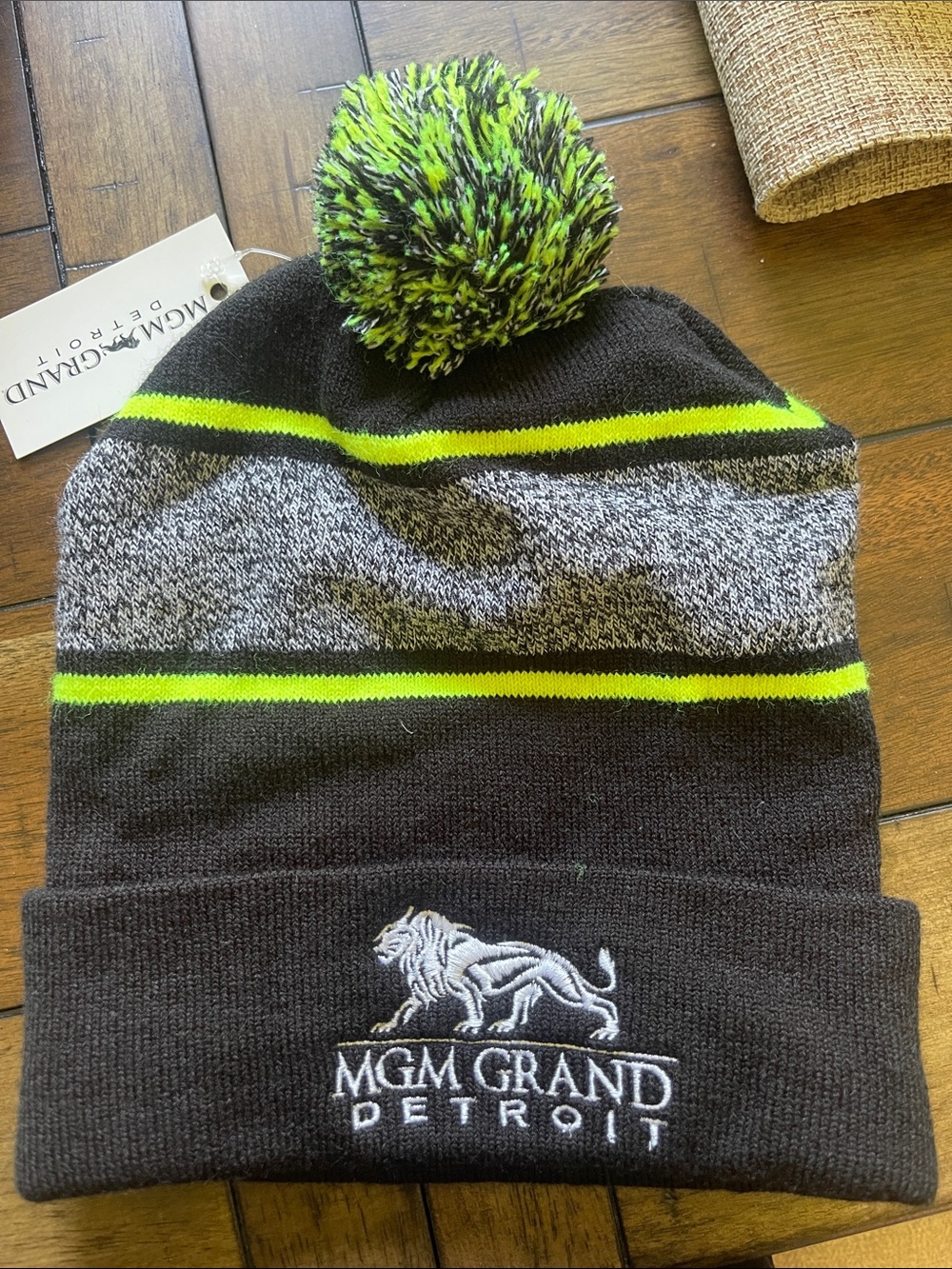 MGM Grand Detroit Black & Neon Green Pom Beanie
